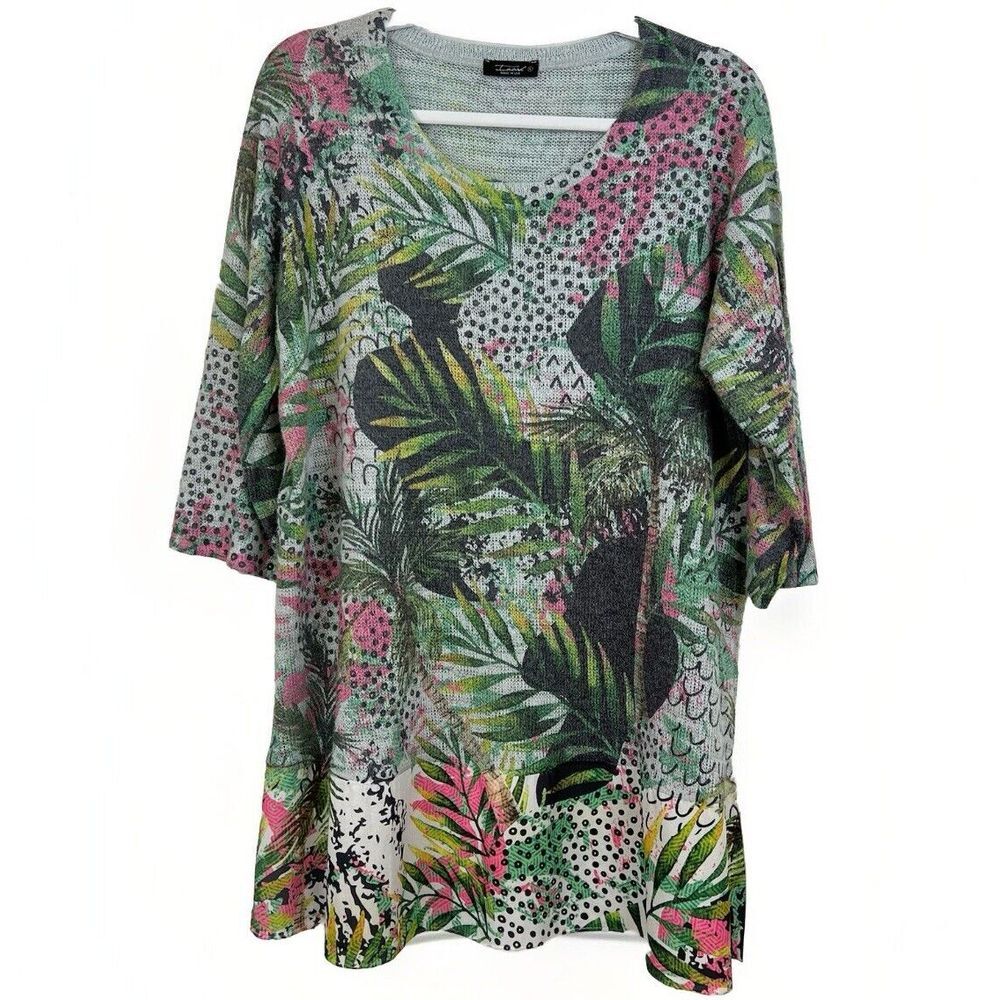 INOAH Knit Tropical Artsy Abstract‎ Colorful Tunic Top Women L USA Mix Media Hem